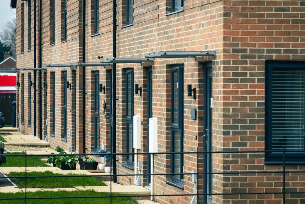 Close up of brickwork on row of newly built terraced houses