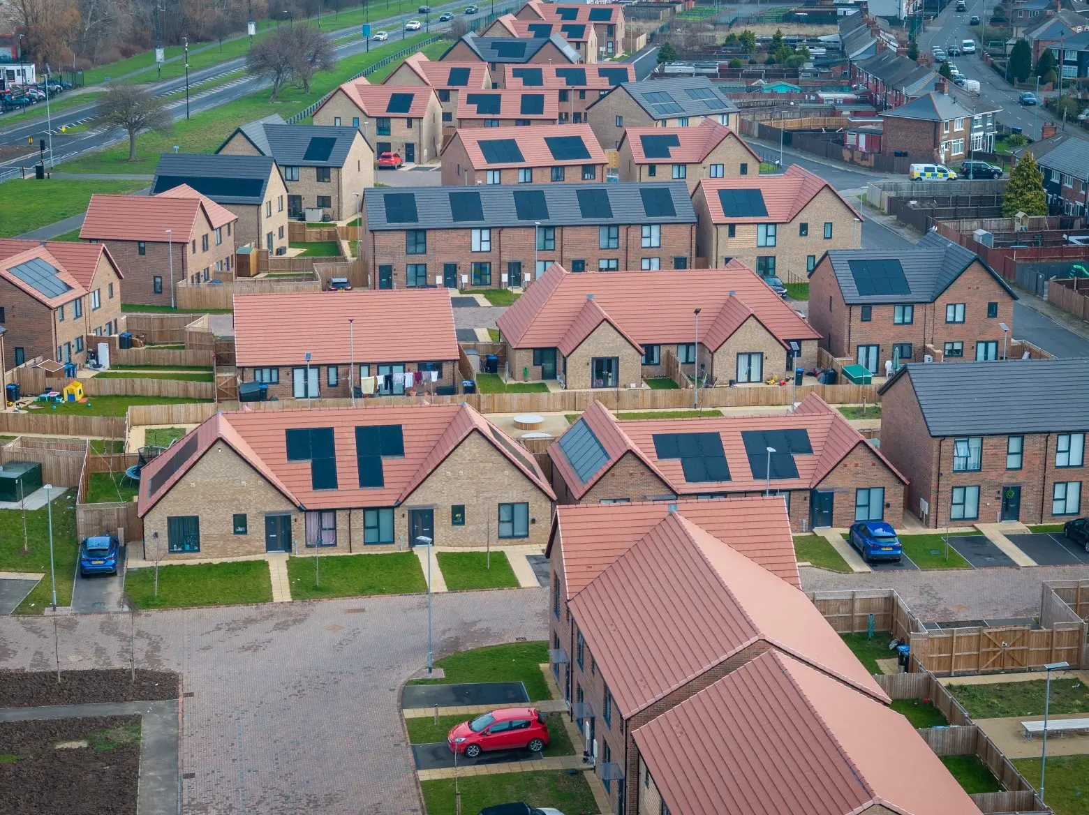 Esh Construction, Kedward Avenue aerial view of new build homes with solar panels
